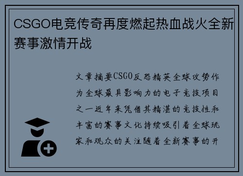 CSGO电竞传奇再度燃起热血战火全新赛事激情开战